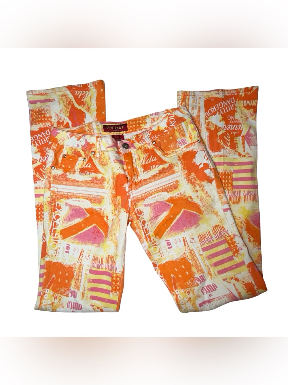 Y2K Ten Plus Graphic Print Wide Leg Jeans Orange Pink 90s/2000s Size 5